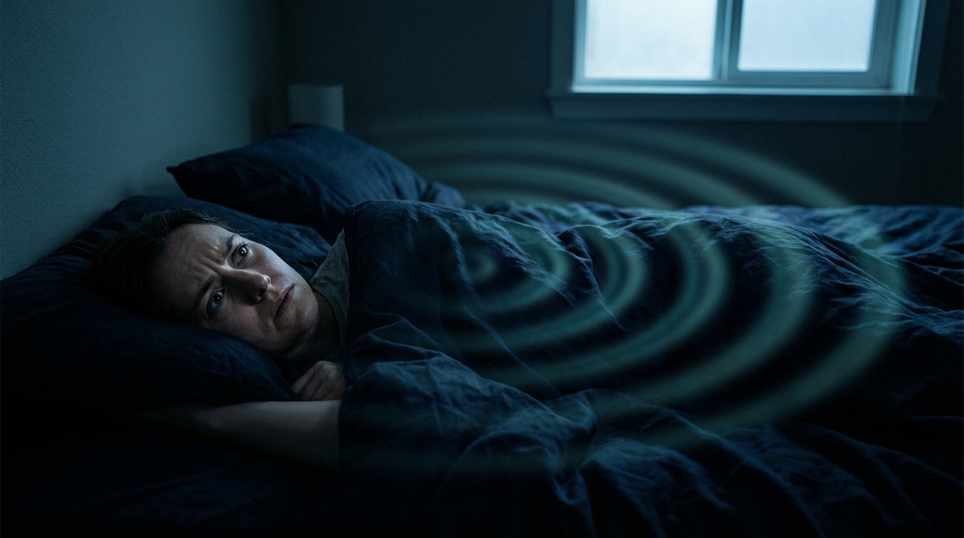 Person lying in bed in dark bedroom with subtle ripple wave effect emanating from chest symbolizing anxiety