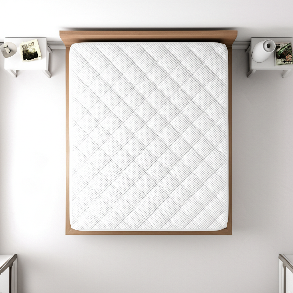 Back sleeper on a supportive mattress showing proper spinal alignment from neck to lower back