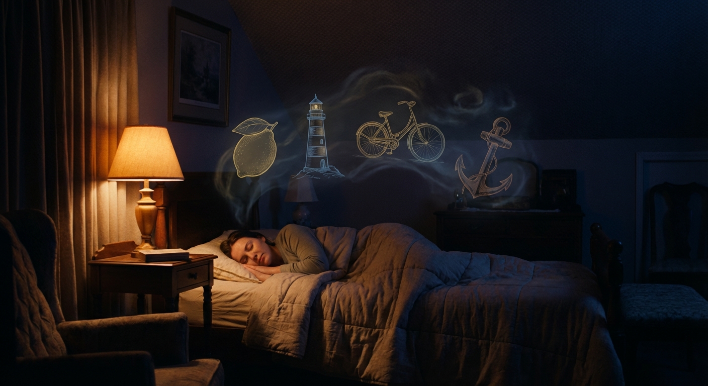 Serene dark bedroom with person sleeping peacefully while whimsical illustrated objects — a lemon, lighthouse, bicycle — float and dissolve above them like dreams