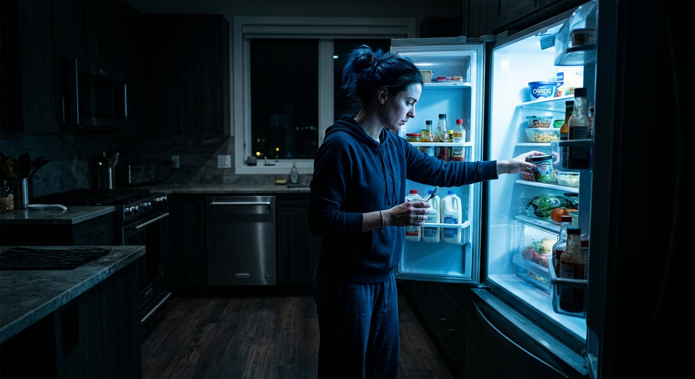 A person looking into a refrigerator at night representing late-night snacking