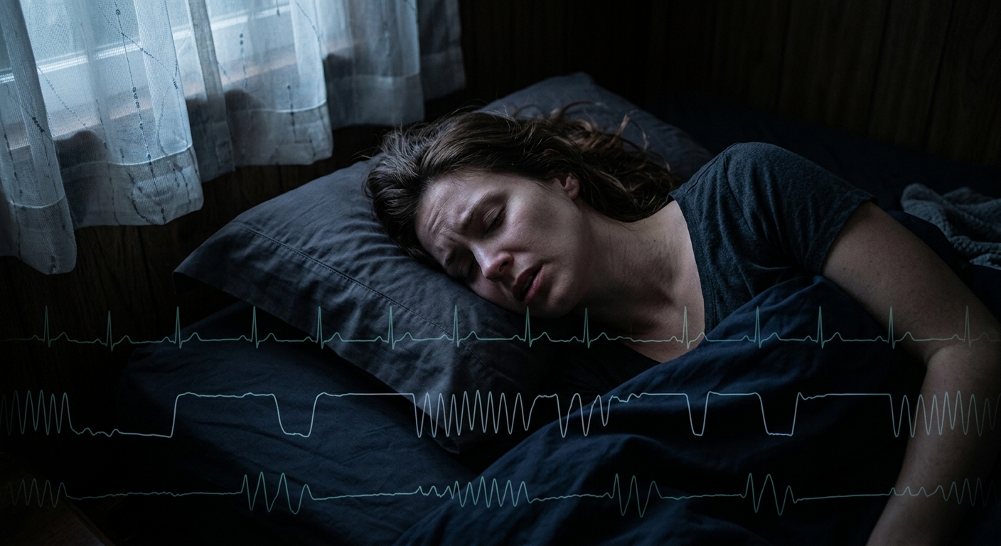 Person sleeping in dark bedroom with oxygen waveform overlay indicating sleep apnea