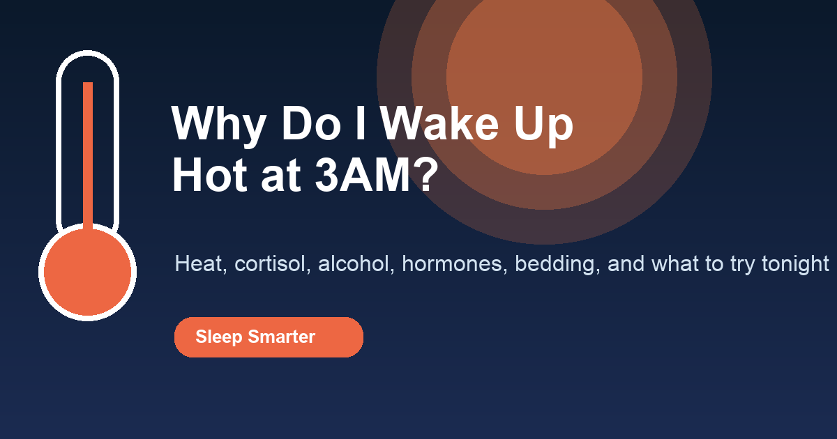Dark blue Sleep Smarter featured image with a warm thermometer icon for waking up hot at 3AM