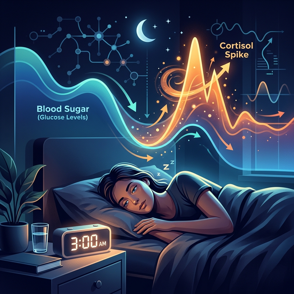 Person awake in dark bedroom at 3AM staring at ceiling with clock glowing 3:00